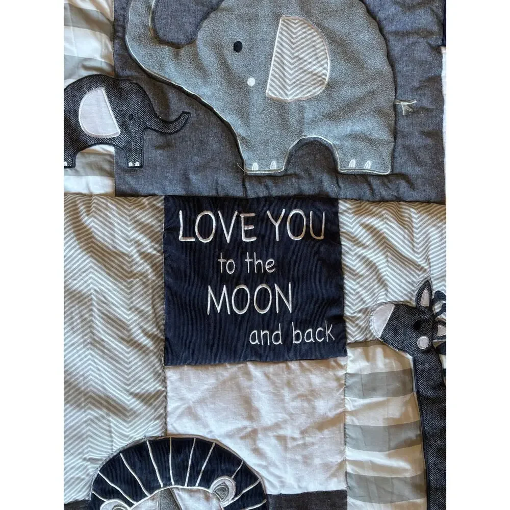 NOJO Quilted Baby Blanket Blue Gray White Tigers Giraffes Elephants